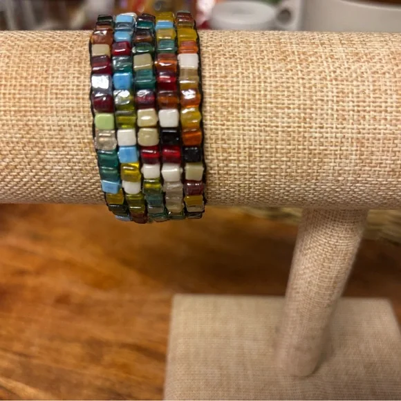 Handcrafted Artisan Square Glass Bead Mosaic Bracelet - Picture 4 of 4